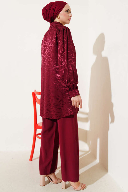 Zebra Pattern Jacquard Tunic Two Piece Suit Claret Red