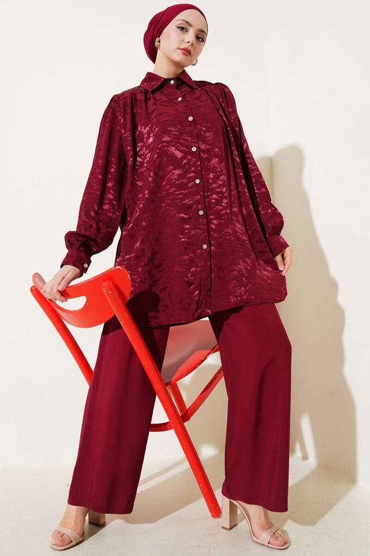 Zebra Pattern Jacquard Tunic Two Piece Suit Claret Red