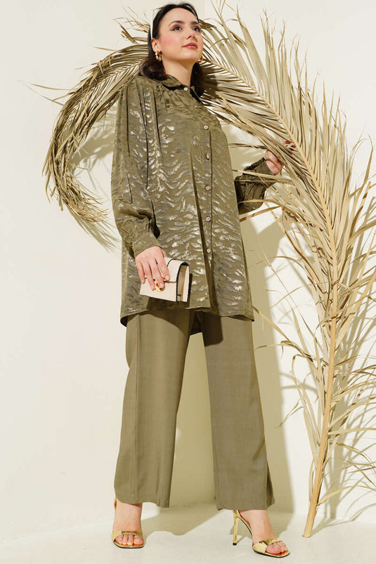 Zebra Pattern Jacquard Tunic Two Piece Suit Khaki