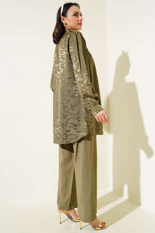 Zebra Pattern Jacquard Tunic Two Piece Suit Khaki