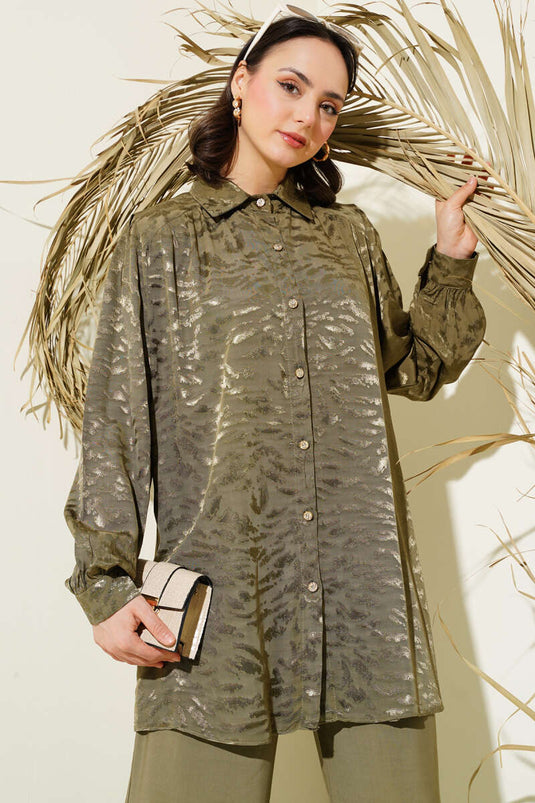 Zebra Pattern Jacquard Tunic Two Piece Suit Khaki