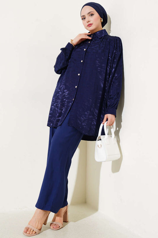 Zebra Pattern Jacquard Tunic Two Piece Suit Navy Blue