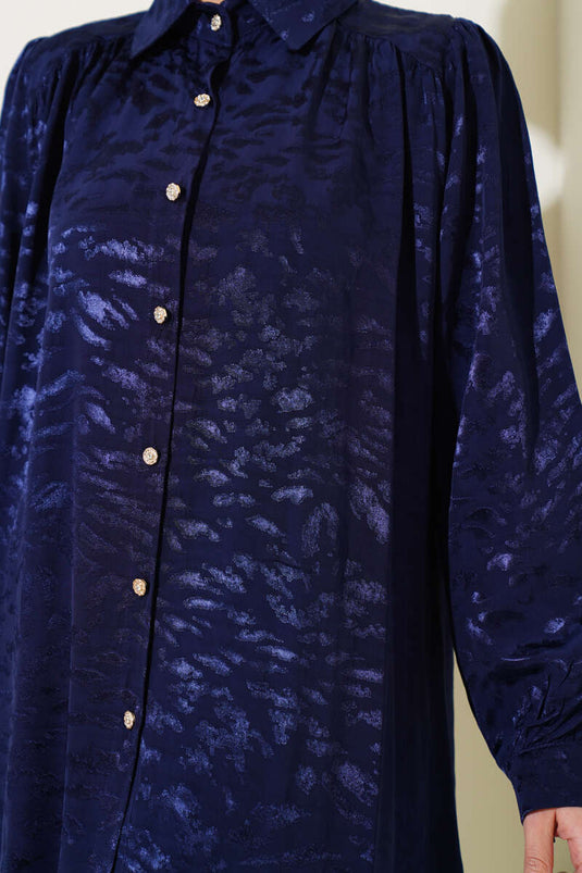 Zebra Pattern Jacquard Tunic Two Piece Suit Navy Blue