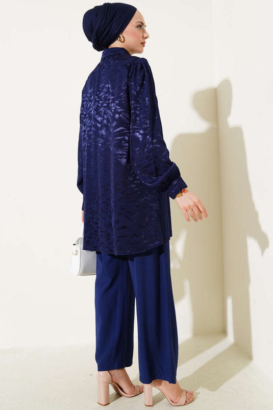 Zebra Pattern Jacquard Tunic Two Piece Suit Navy Blue