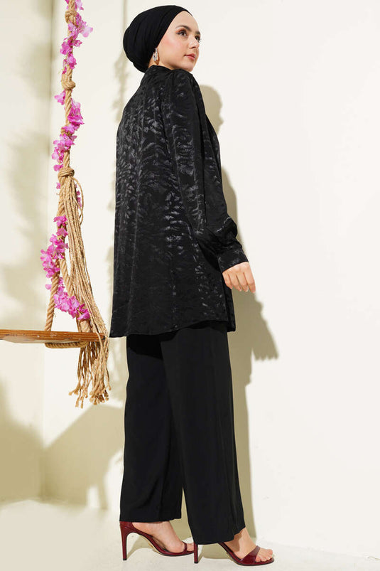 Tunica in jacquard con motivo zebrato, set due pezzi, nero