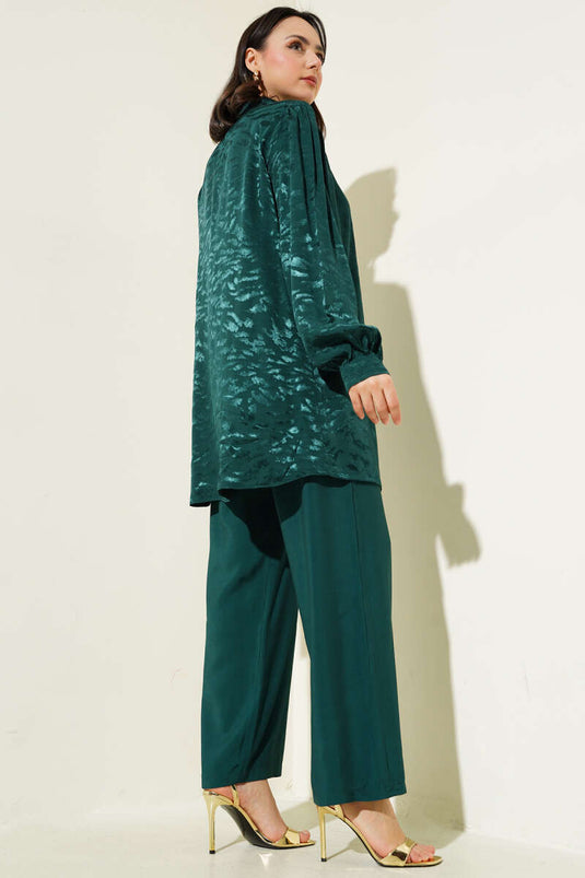 Zebra Pattern Jacquard Tunic Two Piece Set Emerald