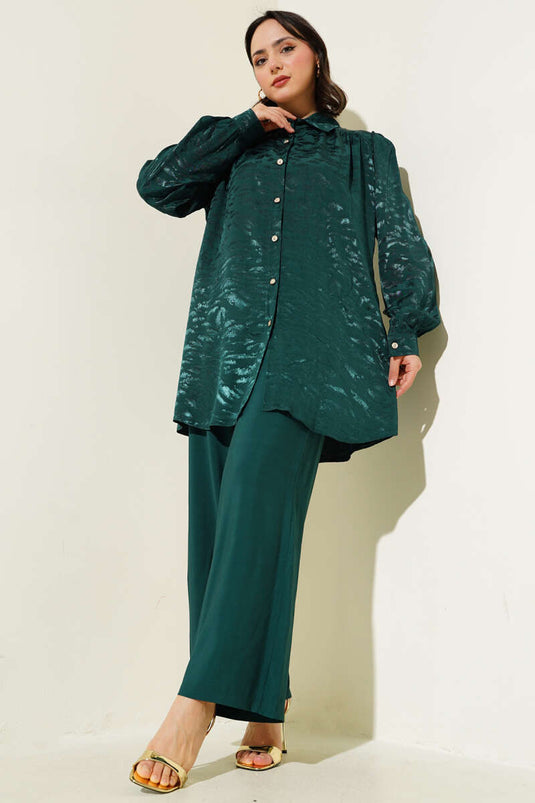 Zebra Pattern Jacquard Tunic Two Piece Set Emerald