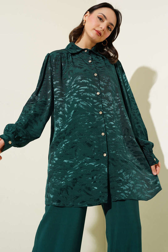 Zebra Pattern Jacquard Tunic Two Piece Set Emerald