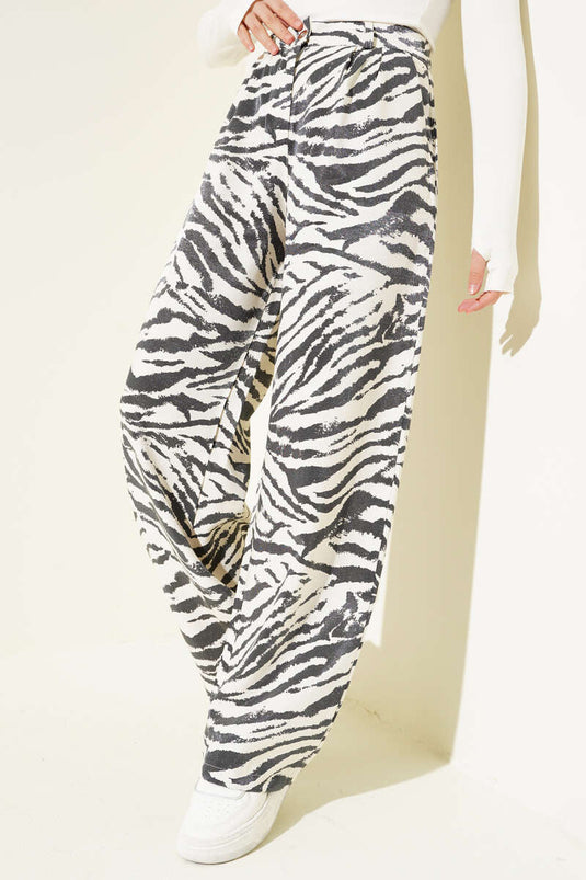 Zebra Pattern Glittery Palazzo Trousers Ecru Black