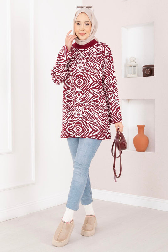 Zebra Pattern Knitted Sweater Burgundy