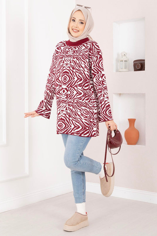 Zebra Pattern Knitted Sweater Burgundy