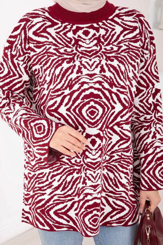 Zebra Desen Triko Kazak Bordo