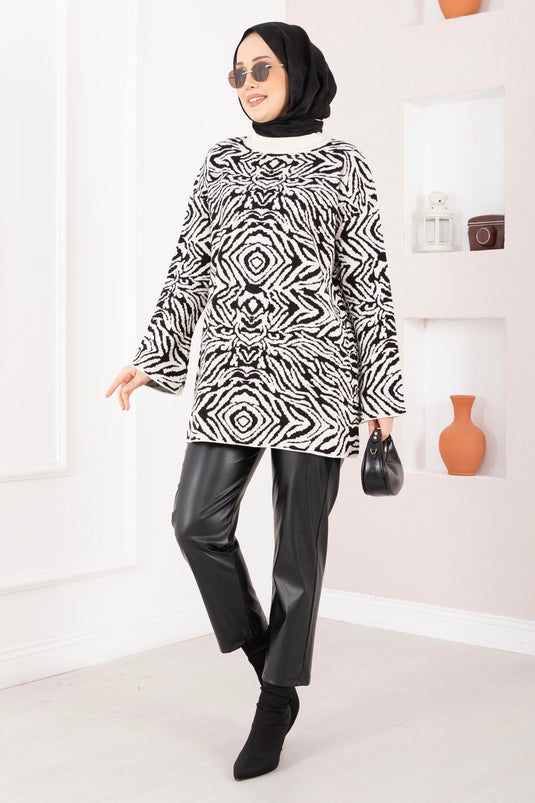 Zebra Desen Triko Kazak Ekru