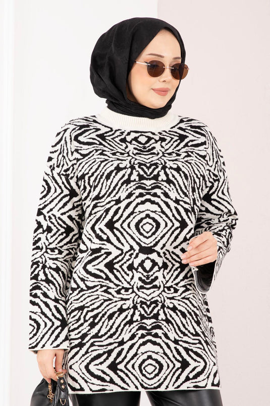 Zebra Desen Triko Kazak Ekru