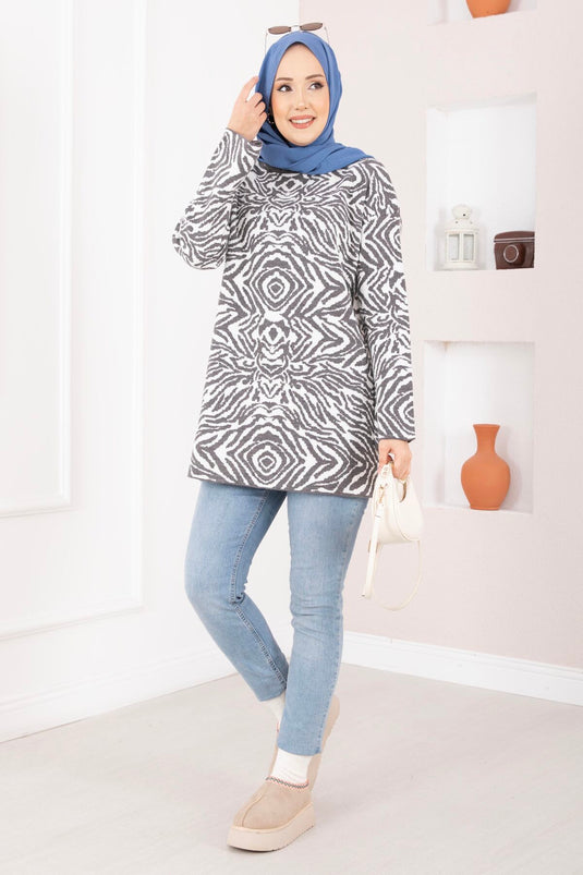 Zebra Desen Triko Kazak Gri