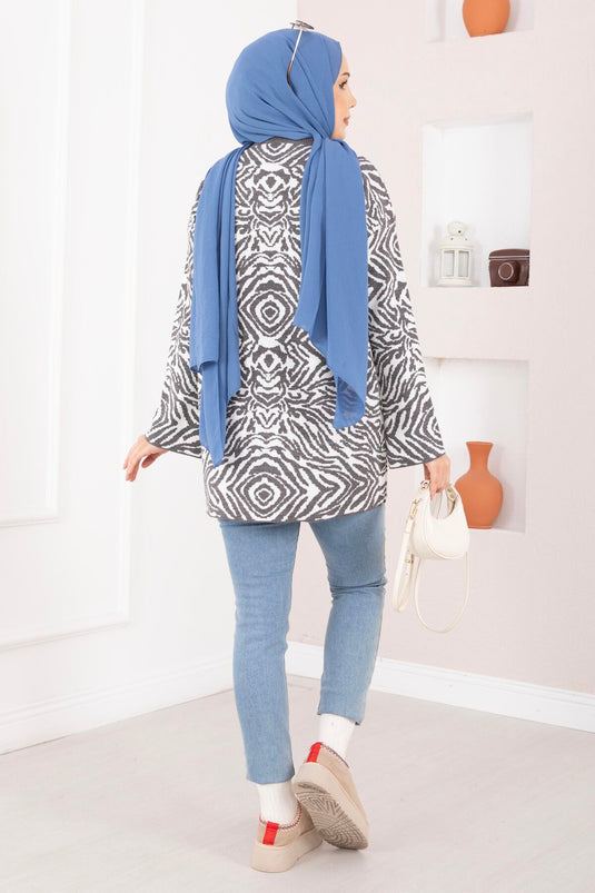 Zebra Desen Triko Kazak Gri