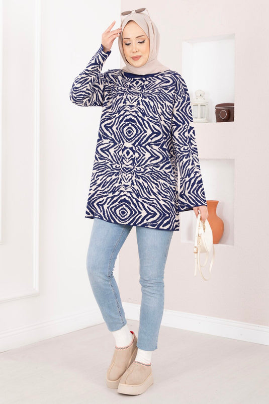 Zebra Desen Triko Kazak Lacivert