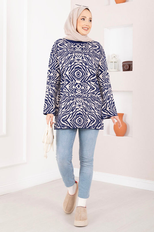 Zebra Desen Triko Kazak Lacivert