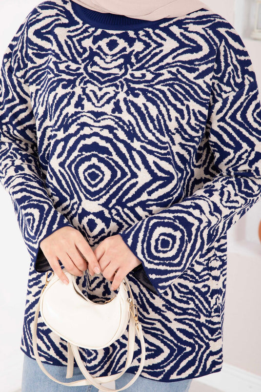 Zebra Desen Triko Kazak Lacivert