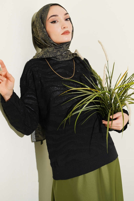 Zebramuster Strickpullover Schwarz
