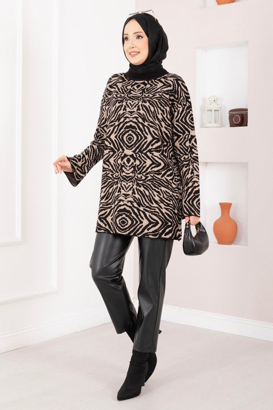 Zebra Desen Triko Kazak Siyah