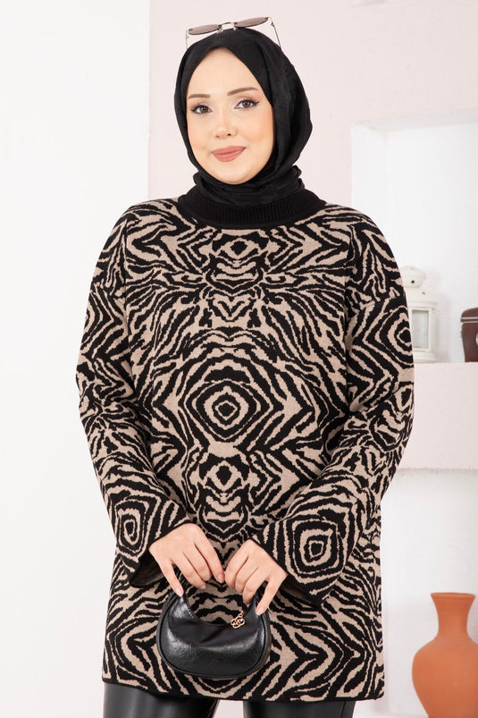 Zebra Desen Triko Kazak Siyah