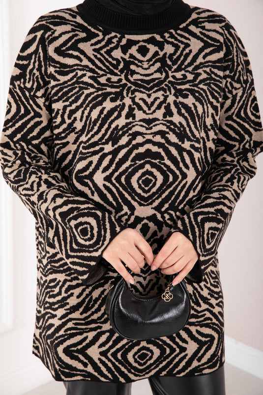 Zebra Desen Triko Kazak Siyah