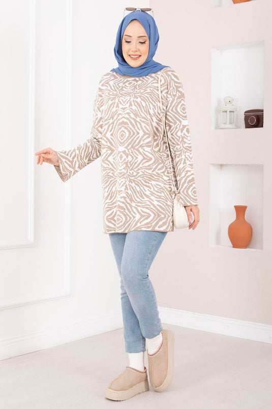 Zebra Desen Triko Kazak Vizon