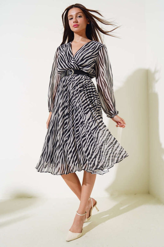 Zebra Pattern Tulle Midi Dress Black