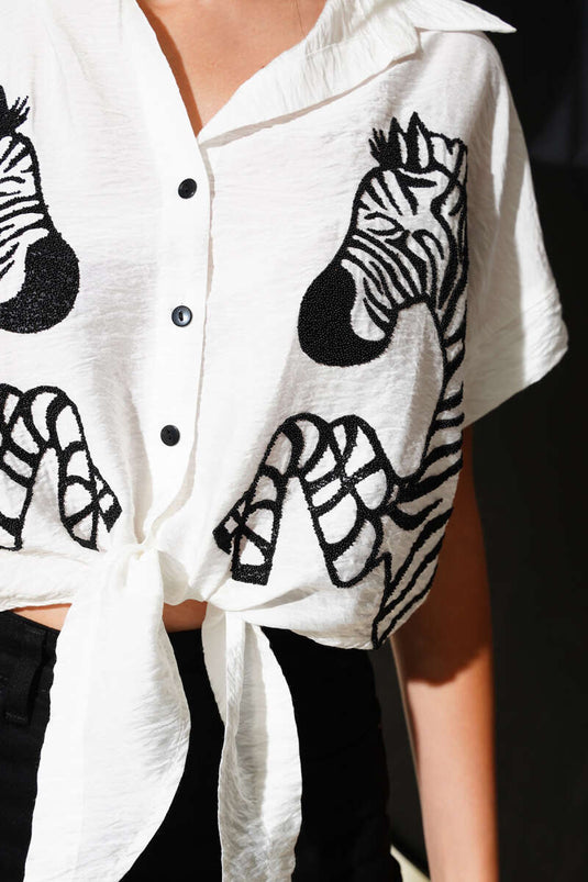 Zebra Patterned Front-Tie Crop Shirt, Ecru