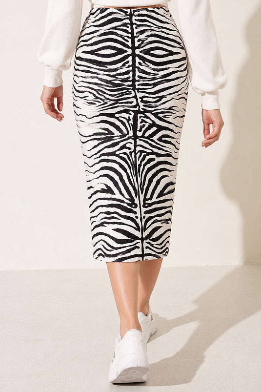 Zebra Desenli Saten Midi Etek Ekru