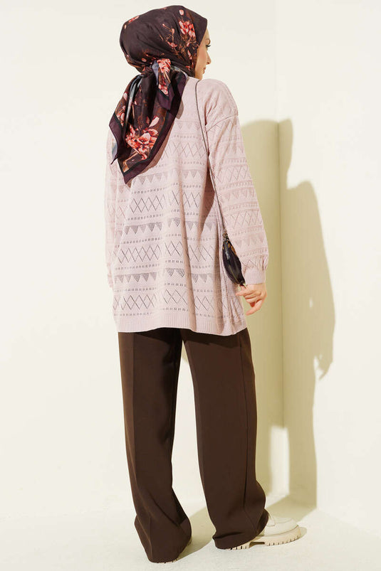 Zigzag Ajurlu Basic Triko Hırka Pudra