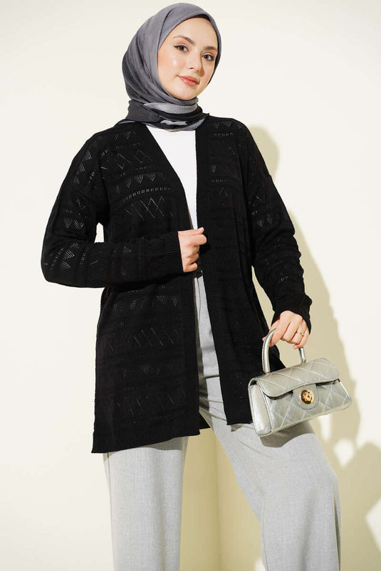 Zigzag Ajurlu Basic Triko Hırka Siyah