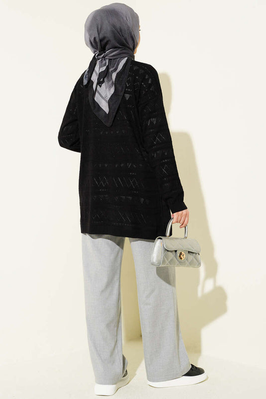 Zigzag Ajurlu Basic Triko Hırka Siyah