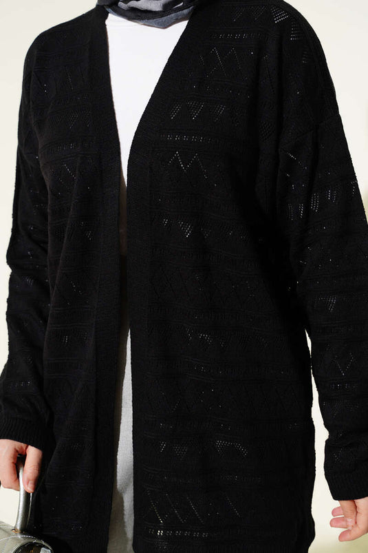 Zigzag Ajurlu Basic Triko Hırka Siyah