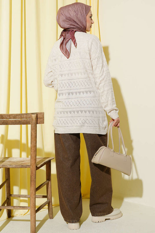 Zigzag Ajurlu Basic Triko Hırka Taş