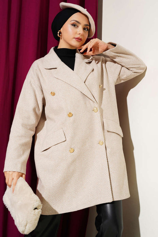 Manteau en cachemire beige à rayures en zigzag