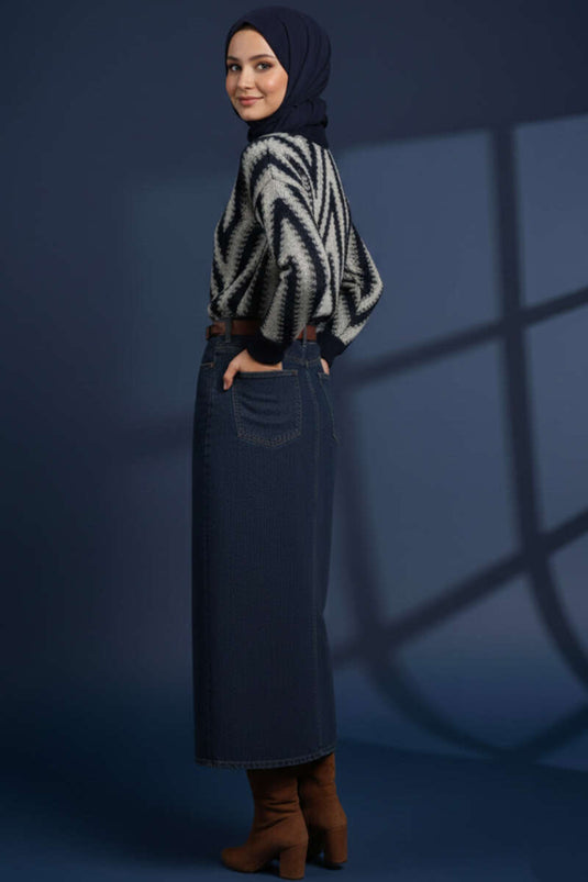 Zigzag Desen Triko Kazak Lacivert