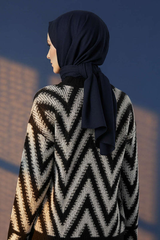 Zigzag Desen Triko Kazak Lacivert