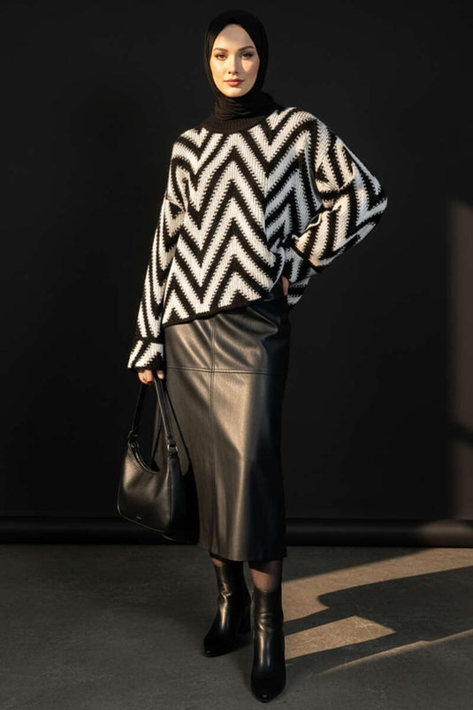 Zigzag Desen Triko Kazak Siyah