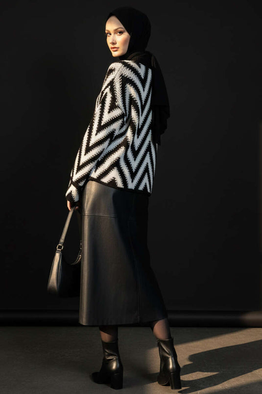 Zigzag Desen Triko Kazak Siyah