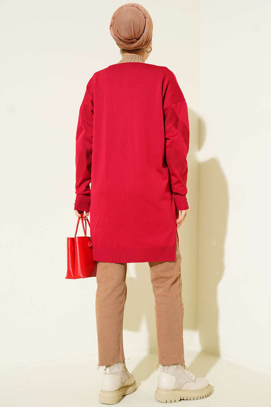 Zigzag Desenli Düğmeli Merserize Hırka Bordo