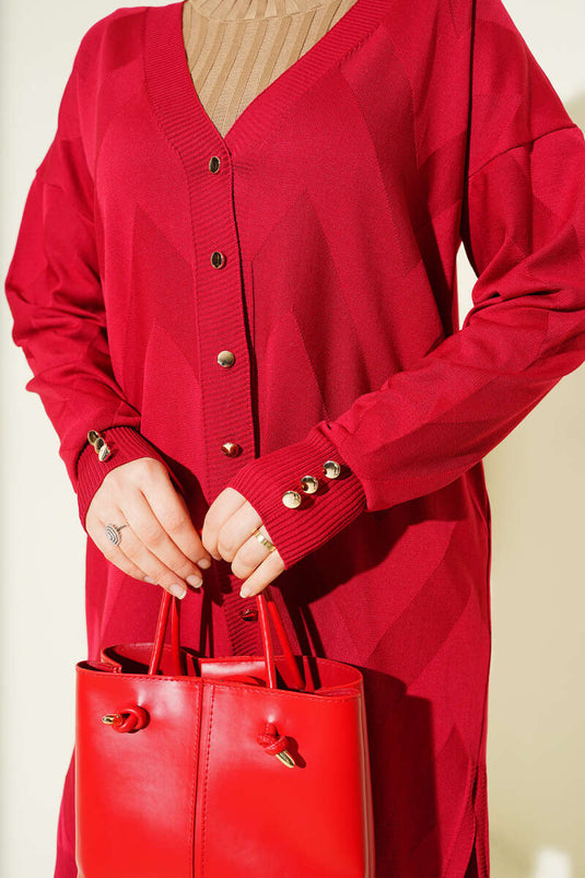 Zigzag Desenli Düğmeli Merserize Hırka Bordo