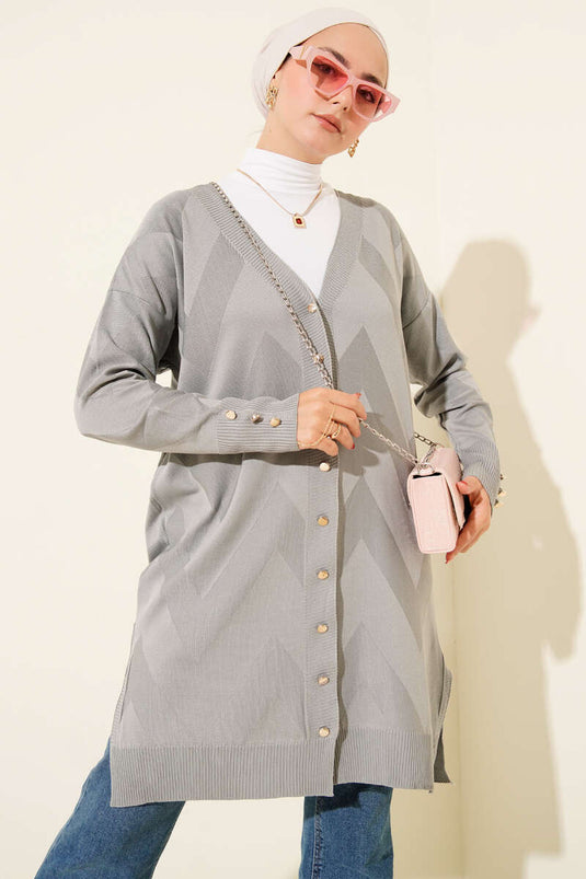 Zigzag Patterned Buttoned Mercerized Cardigan Gray
