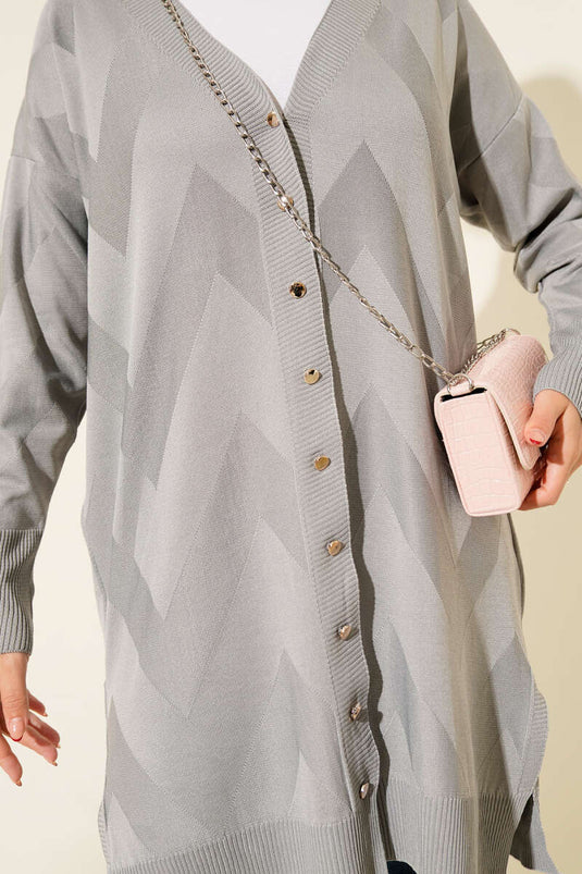 Zigzag Patterned Buttoned Mercerized Cardigan Gray