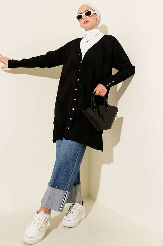 Cardigan boutonné mercerisé à motif zigzag noir