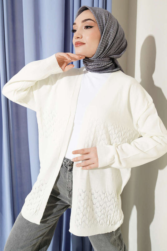 Cardigan basique en tricot à motif zigzag couleur ivoire