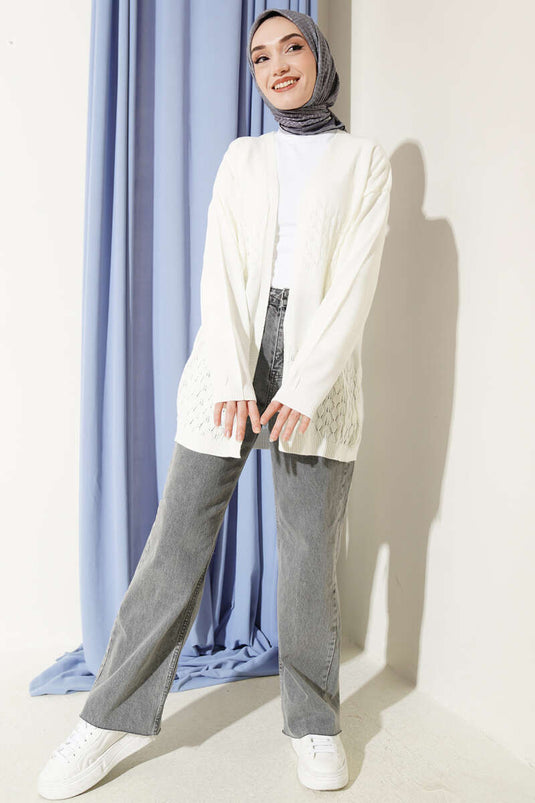 Cardigan basique en tricot à motif zigzag couleur ivoire