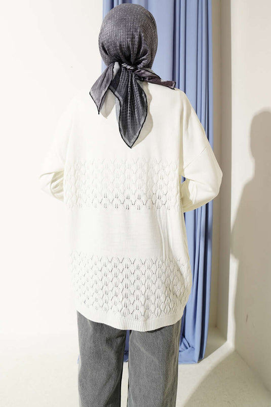 Cardigan basique en tricot à motif zigzag couleur ivoire