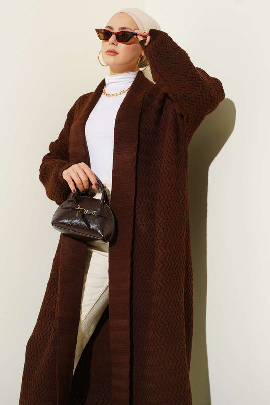 Lange gebreide cardigan met zigzagreliëf, donkerbruin